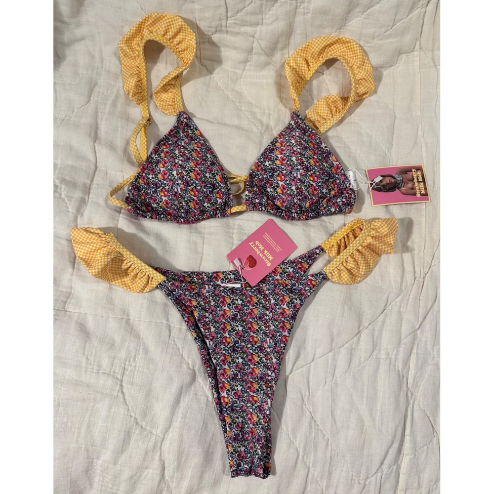 Strawberry Milk Mob Marigold Bikini Set Floral Gingham Ruffle Sz L Purple Yellow